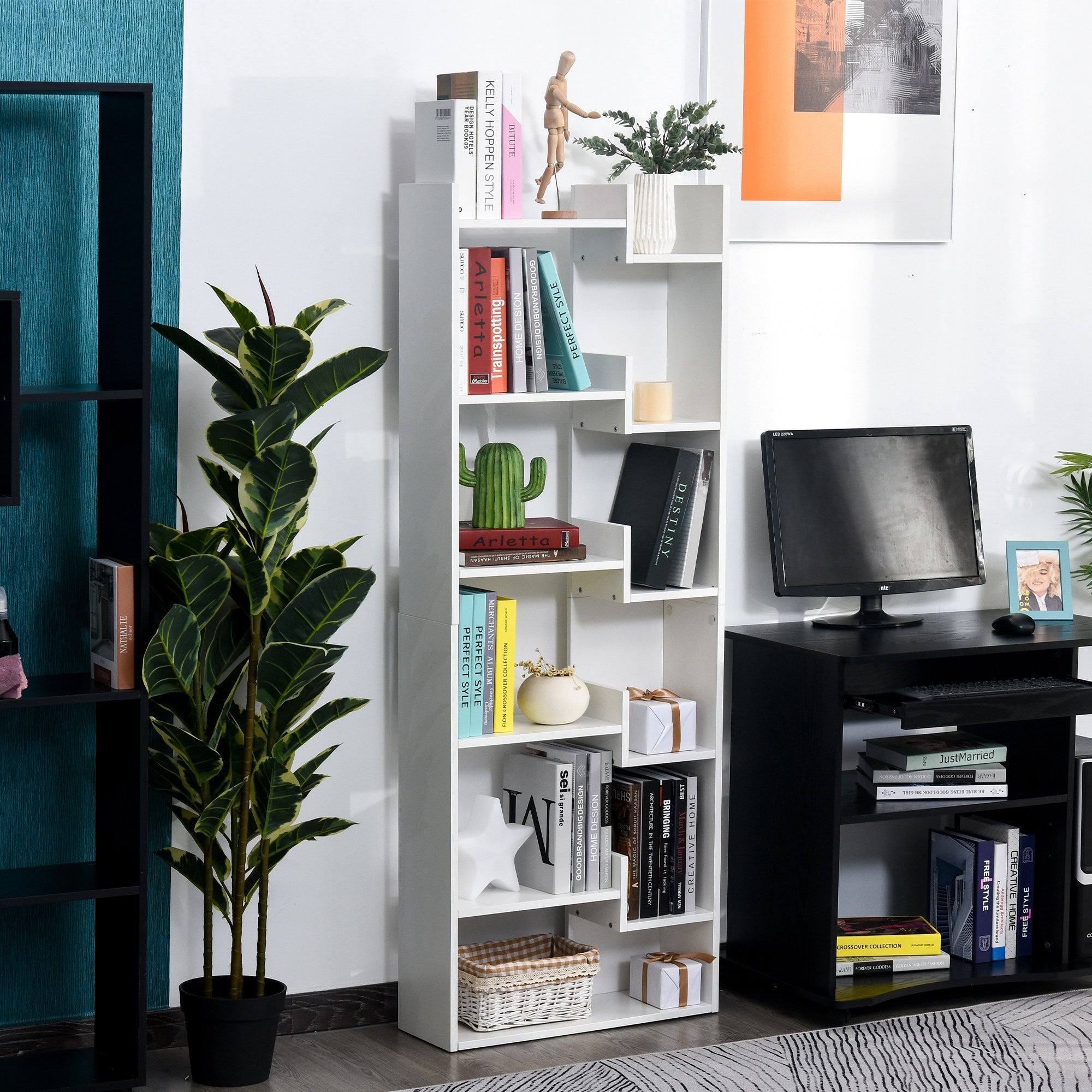 HOMCOM 6-Tier Oak Color MDF Bookcase White Open Shelf for CDs Records