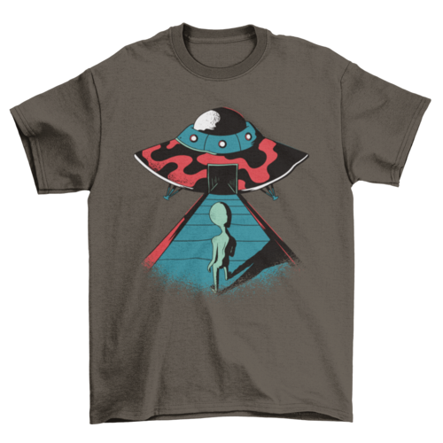Extraterrestrial alien entering UFO spaceship t-shirt
