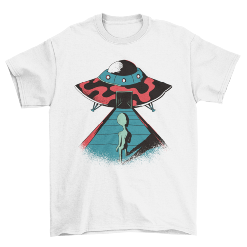 Extraterrestrial alien entering UFO spaceship t-shirt