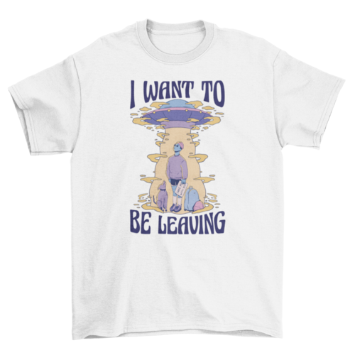 Man with dog and alien ship t-shirt