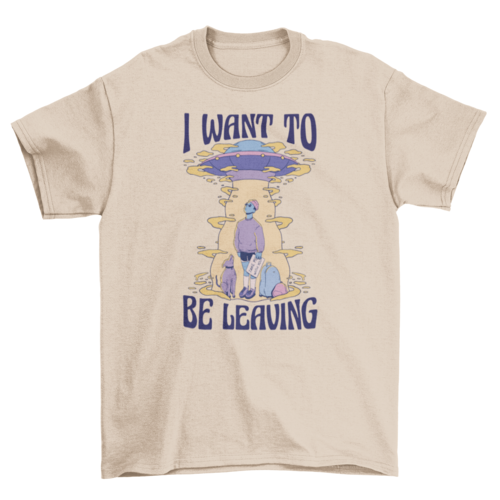 Man with dog and alien ship t-shirt